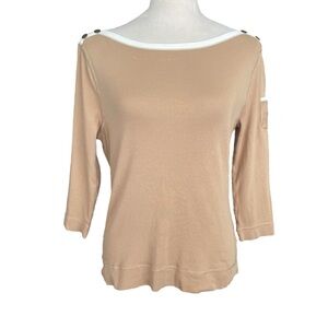 Lauren Ralph Lauren Stretch Knit Boatneck Elbow Sleeve Cotton Tan Top Women Sz M
